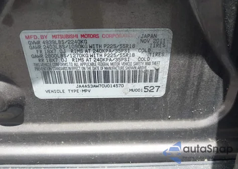2012 Mitsubishi Outlander Se z USA, uszkodzony, nr VIN JA4AS3AW7CU014570
